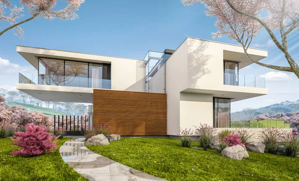 3d representación de la casa moderna por el río en primavera — Foto de Stock