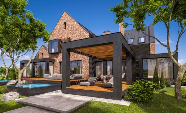 3D rendering a tavak, medencés ház modern Klinker — Stock Fotó
