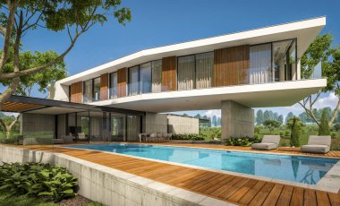modern ev havuzlu tepede 3D render