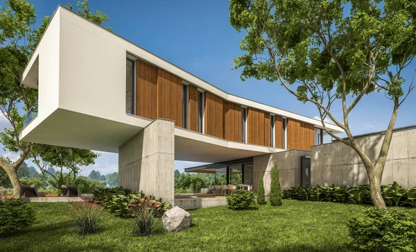 3d representación de casa moderna en la colina con piscina — Foto de Stock