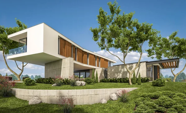 3d representación de casa moderna en la colina con piscina — Foto de Stock