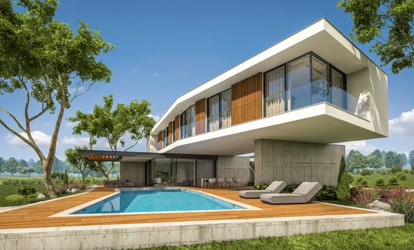 Rendering 3d di casa moderna sulla collina con piscina — Foto Stock