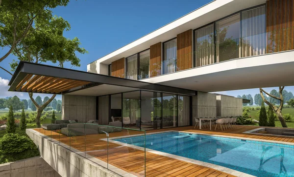 Renderowania 3D, nowoczesny dom na wzgórzu z basenem — Zdjęcie stockowe