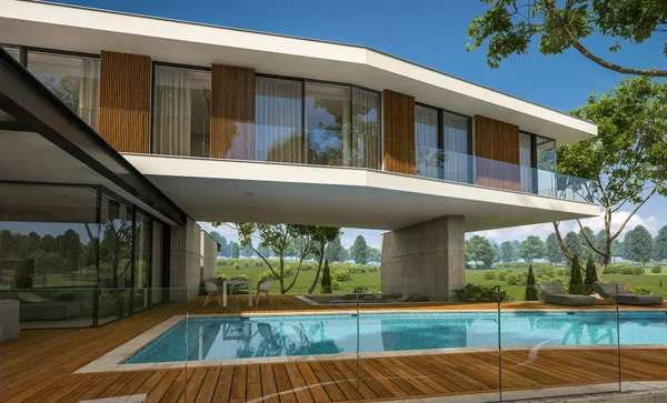 3d rendering af moderne hus på bakken med pool - Stock-foto