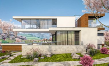 Nehrin yanında modern ev 3D render bahar