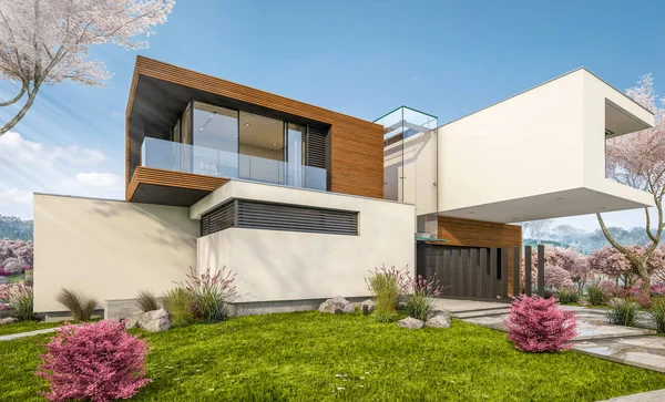 3d representación de la casa moderna por el río en primavera — Foto de Stock