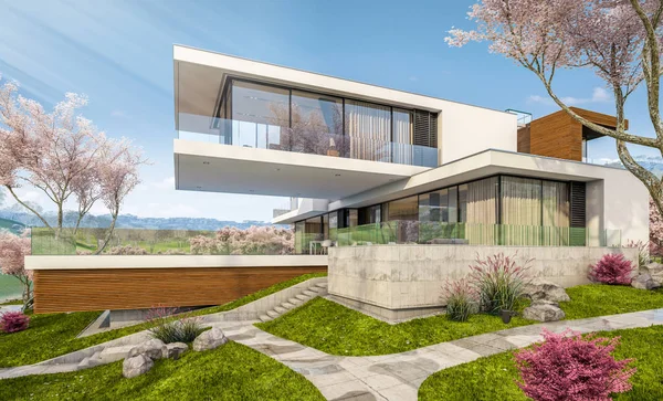 3D рендеринг современного дома у реки весной — стоковое фото
