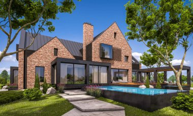 modern klinker ev havuzları havuz ile 3D render