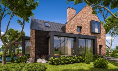 modern klinker ev havuzları havuz ile 3D render