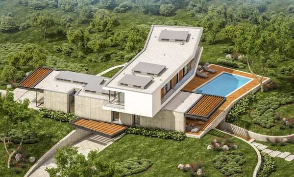 Renderowania 3D, nowoczesny dom na wzgórzu z basenem — Zdjęcie stockowe