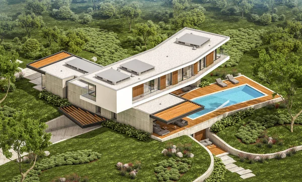 Modern ev havuzlu tepede 3D render — Stok fotoğraf
