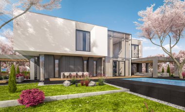 modern bahar bahçe evde 3D render