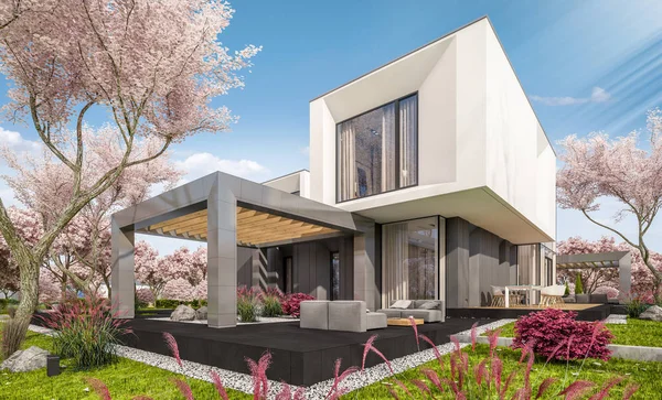 3d representación de la casa moderna en el jardín de primavera — Foto de Stock