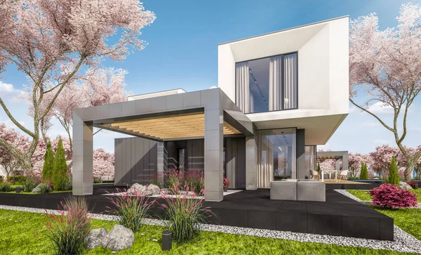 3D rendering a modern ház a tavaszi kertben — Stock Fotó