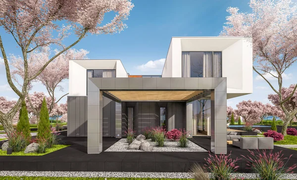 Renderingu 3D nowoczesny dom w spring garden — Zdjęcie stockowe