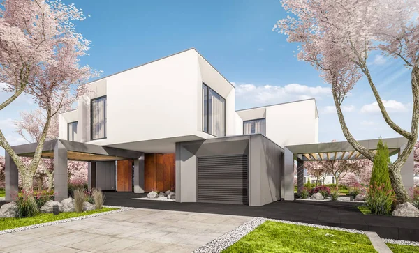 3d gjengivelse av moderne hus i vårhagen – stockfoto