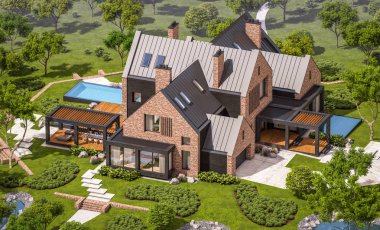 modern klinker ev havuzları havuz ile 3D render