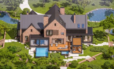 modern klinker ev havuzları havuz ile 3D render