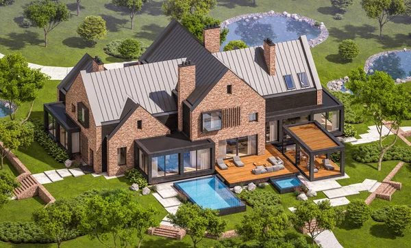 3d rendering of modern clinker house on the ponds with pool — Stock Photo, Image