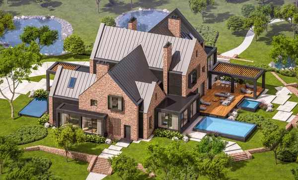 3D-rendering van moderne klinker huis op de vijvers met zwembad — Stockfoto