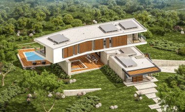 modern ev havuzlu tepede 3D render