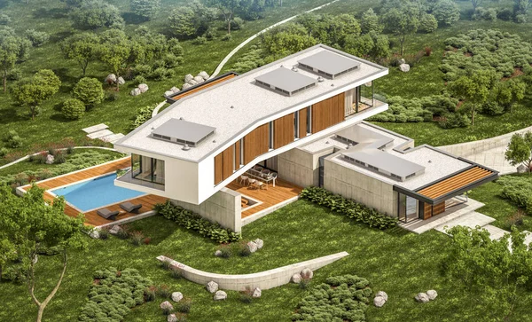 3D Rendering von modernem Haus auf dem Hügel mit Pool — Stockfoto