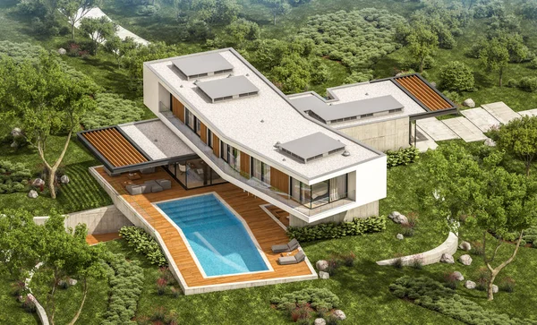 3D Rendering von modernem Haus auf dem Hügel mit Pool — Stockfoto