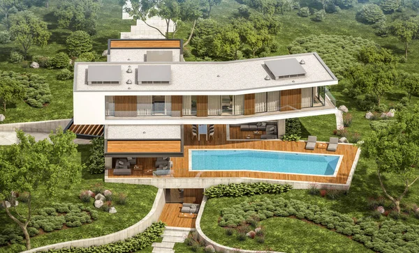 3D рендеринг современного дома на холме с бассейном — стоковое фото