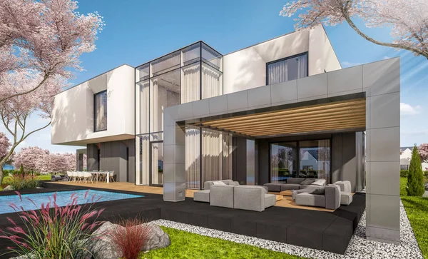 Rendering 3d della casa moderna nel giardino primaverile — Foto Stock