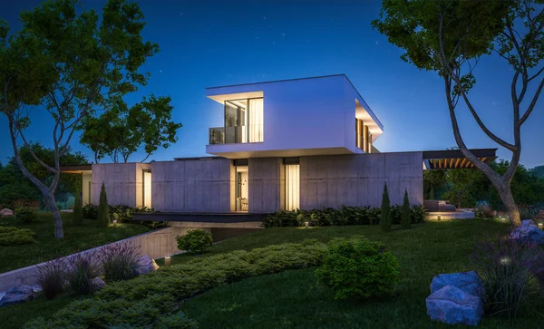 3d rendu de maison moderne sur la colline avec piscine dans la nuit — Photo
