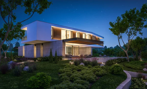 3d representación de casa moderna en la colina con piscina en la noche — Foto de Stock