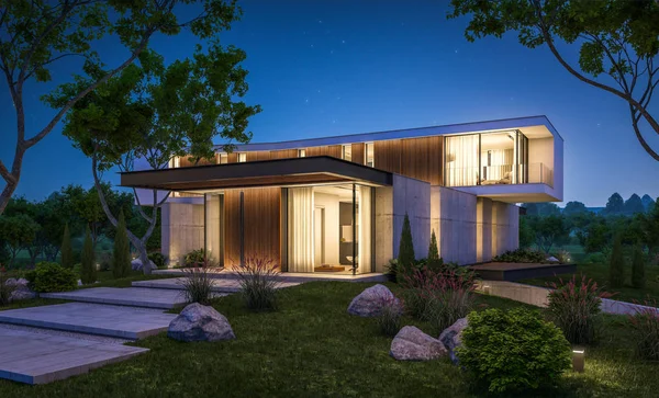 3d representación de casa moderna en la colina con piscina en la noche — Foto de Stock