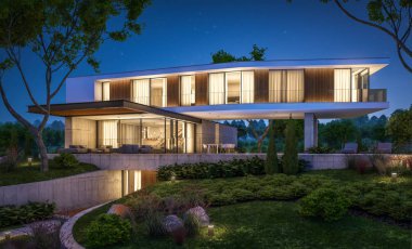 modern ev havuzlu tepede 3D render gecede