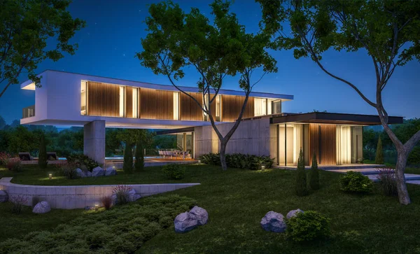 3d rendu de maison moderne sur la colline avec piscine dans la nuit — Photo