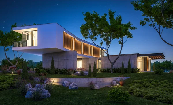 3d rendu de maison moderne sur la colline avec piscine dans la nuit — Photo