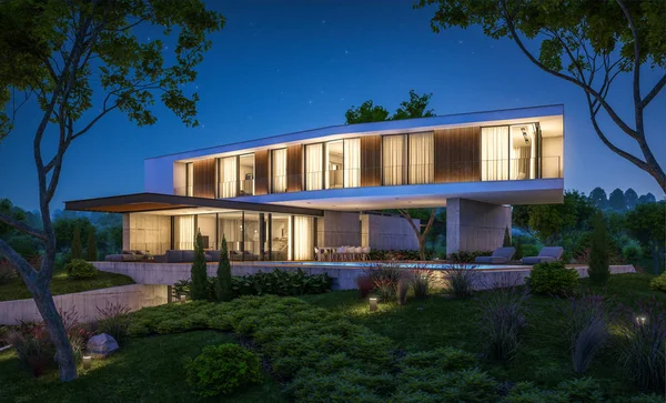 Rendering 3d di casa moderna sulla collina con piscina di notte — Foto Stock