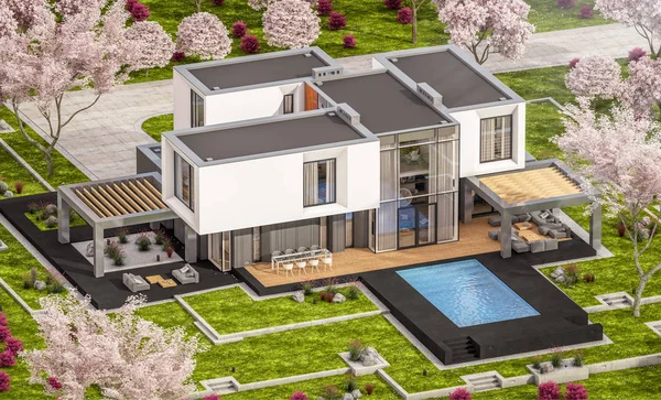 3d rendering of modern house in the spring garden — Stock Photo, Image