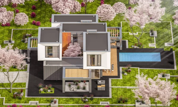3D рендеринг современного дома в весеннем саду — стоковое фото