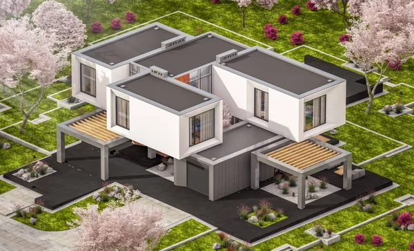 3d representación de la casa moderna en el jardín de primavera — Foto de Stock