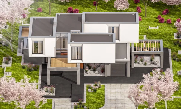 3D-Rendering des modernen Hauses im Frühlingsgarten — Stockfoto