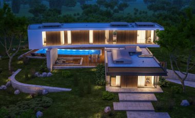 modern ev havuzlu tepede 3D render gecede