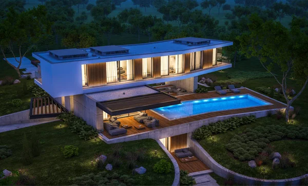 Renderingu 3D nowoczesny dom na wzgórzu z basenem w nocy — Zdjęcie stockowe