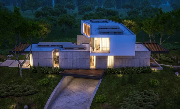 Τρισδιάστατη απεικόνιση του σύγχρονο σπίτι στο λόφο με πισίνα στη νύχτα — Φωτογραφία Αρχείου