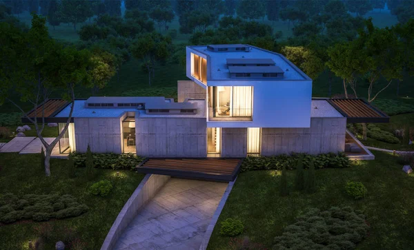 3d representación de casa moderna en la colina con piscina en la noche —  Fotos de Stock