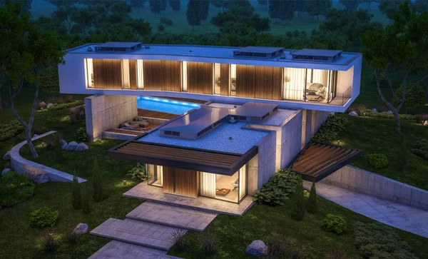 Rendering 3d di casa moderna sulla collina con piscina di notte — Foto Stock