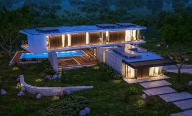 modern ev havuzlu tepede 3D render gecede