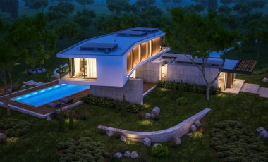 modern ev havuzlu tepede 3D render gecede