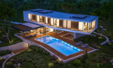 modern ev havuzlu tepede 3D render gecede