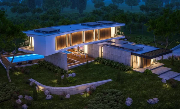 Rendering 3d di casa moderna sulla collina con piscina di notte — Foto Stock