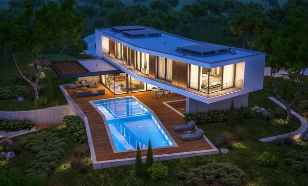 3d rendering of modern house on the hill with pool in night — Stock Photo, Image